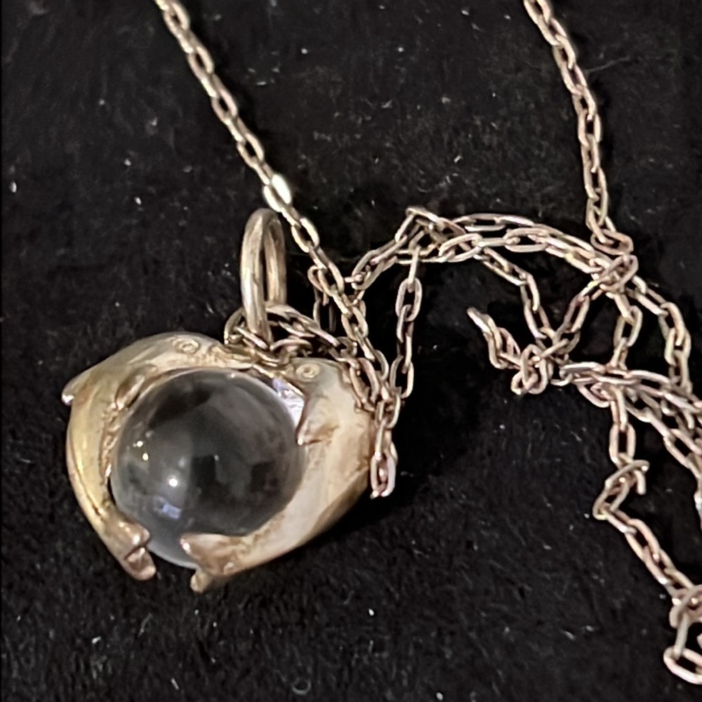 Vintage double dolphin glass ball sterling silver pendant & necklace 18” 925